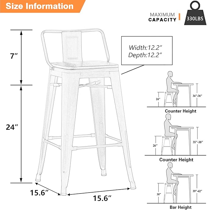 Yongchuang Industrial Metal Barstools Set of 4 Counter Height Bar Stools with Back (24" Seat Height Wooden Top Low Back, Distressed White)