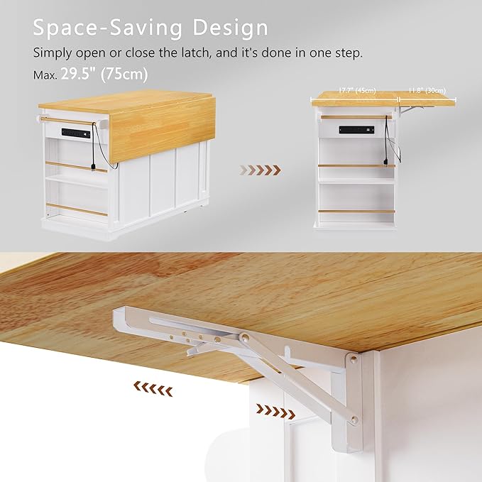 YOTPO 53" Large Kitchen Island with Drop Leaf,Power Outlet & Door Internal Storage Rack,Rolling Kitchen Cart on 5 Wheels W/ 5 Open Side Racks for Kitchen,Dining Room,White(Not Include bar stools)