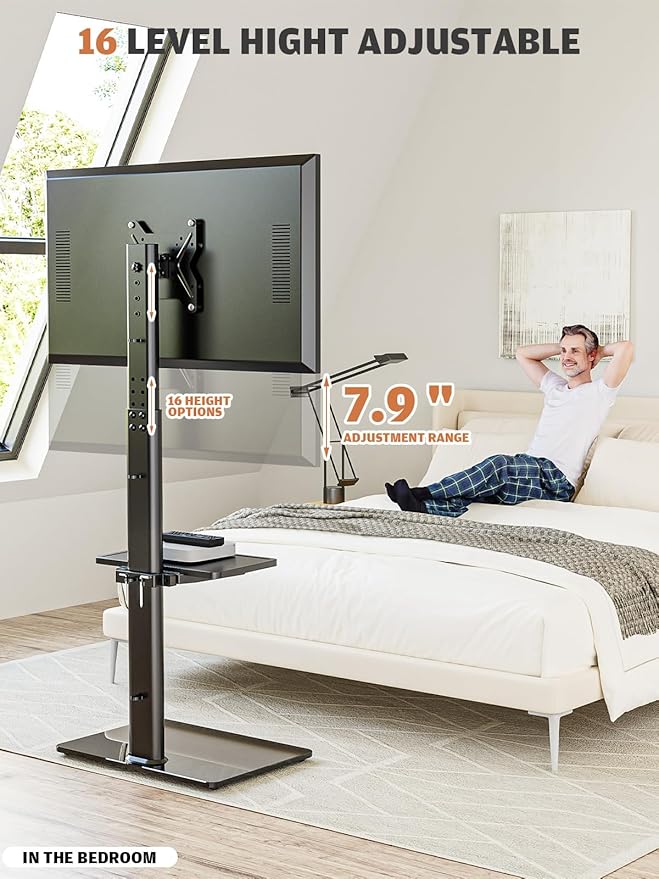 Universal Floor TV Stand with Mount for 19 to 43 inch Flat Screen TV, 100 Degree Swivel,Adjustable Height and Tilt Function, 2 Shelves Space Saving Standing TV Mount for Bedroom Living Room Corner