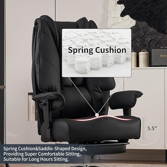 Big and Tall Office Chair 400lbs Wide Seat, Leather High Back Executive Office Chair with Foot Rest, Ergonomic Chairs Lumbar Support for Lower Back Pain Relief (Black)
