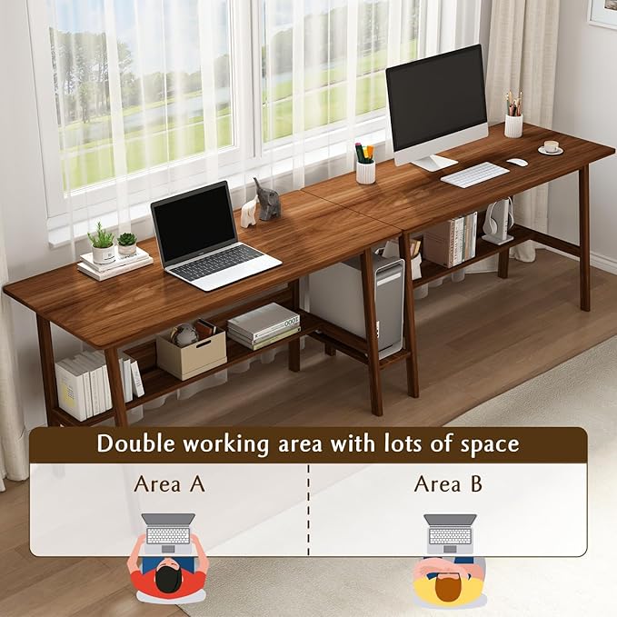 2-Person Writing Desk with Bookshelf - 110" Wooden Extra Long Home Office Work Table, Double Study Computer Workstation with Storage Shelves in Walnut, 110" W x 24" D
