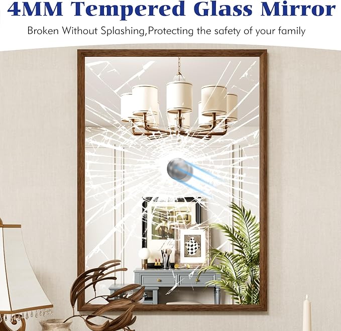 Rectangle Bathroom Mirror 22x30 Inch, Walnut Wood Grain Framed, Anti-Rust & 4mm Tempered Glass, Horizontal/Vertical Hanging Vanity Mirror for Bathroom & Bedroom