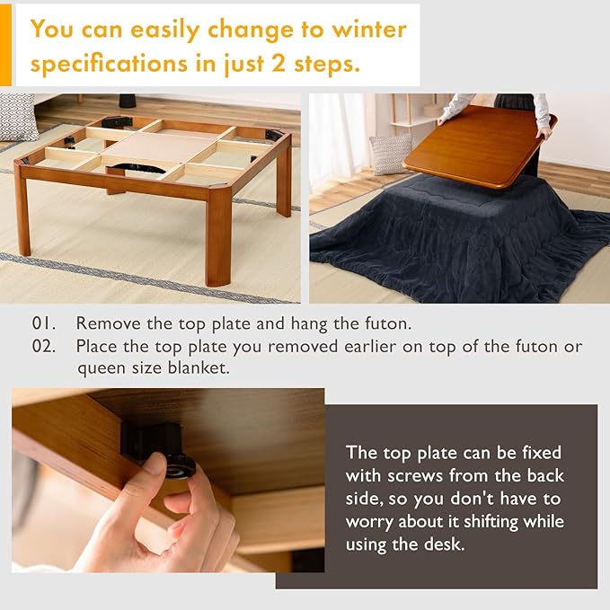 PaletteLife Japanese Heated Table (47x31in)- Wooden Chabudai Furniture with 120V Electric Heater - Low-Lying Dining and Work Desk with Temperature Control Knob Casual kotatsu