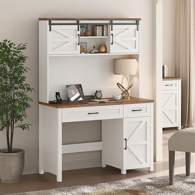 Farmhouse 47" Executive Desk, Computer Desk with 2 Drawers and Storage Cabinet, Home Office Desk with Hutch, Charging Hub, Workspace for Work and Study, Antique White