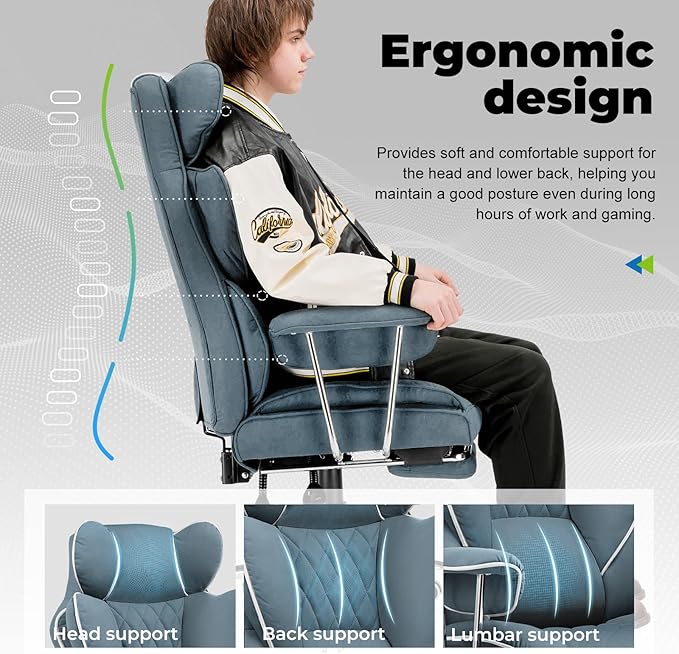 COMHOMA Big and Tall Office Chair, High Back Leather Gaming Chair with Footrest, Executive Ergonomic Office Chair with Pocket Spring Lumbar Support and with Outward Fixed Soft Armrests