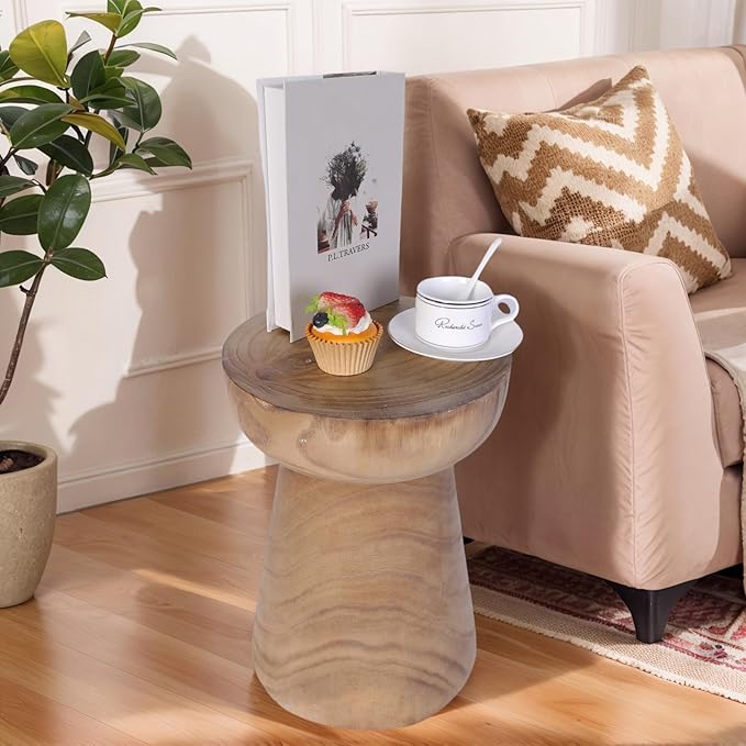 Athaliah Small Rustic Tree Stump Wood Side Table/Stool – 17.75″H Compact Hand-Carved Paulownia Accent Table, Versatile Nightstand & Plant Stand, Farmhouse Style
