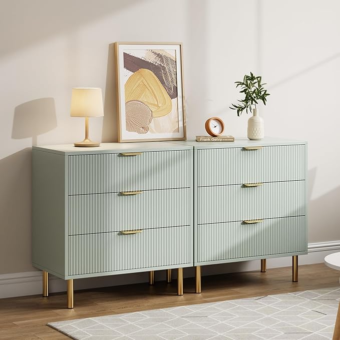 Green Dresser, Modern 3 Drawer Dresser for Bedroom with Gold Handle and Large Drawer, Wood Double Chest of Drawers and Storage Organizer for Living Room, Hallway, Entryway