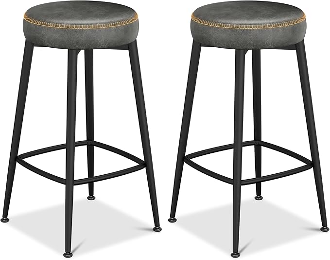 Counter Height Bar Stools, 26" H Backless Bar Stools Set of 6, Upholstered Faux Leather Kitchen Counter Stools, Mid Century Modern, Kitchen Island Home Bar, Pub, Black Grey