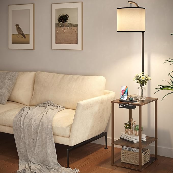 SUNMORY Floor Lamp with Table, End Table for Living Room with Lamp, Shelves Side Table with Charging Station(USB & AC Port), 3 Color Temperature LED Bulb, Modern Nightstand Lamp for Bedroom, Office