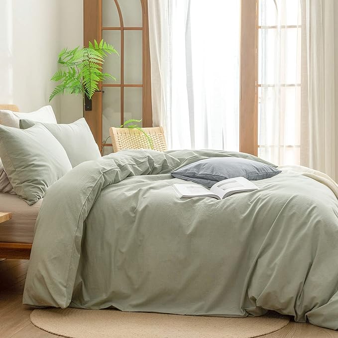 BESTOUCH Duvet Cover Set 100% Washed Cotton Linen Feel Super Soft Comfortable Chic Lightweight 3 PCs Home Bedding Set Solid Sage Green Super King Plus