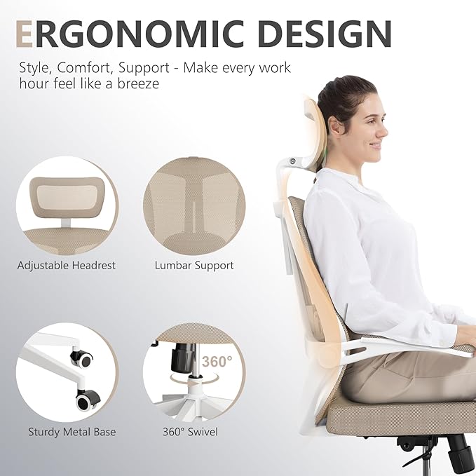 Desk Offiice Chair, Ergonomic Comfy Mesh Chair, Home High Back Gaming Executive Chair with Wheels, Compute Capacity 350LBS, Lumbar Support, Adjustable Headrest, Flip-up Armrest