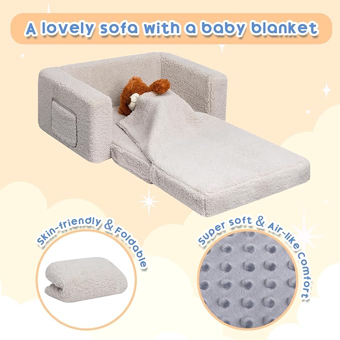 ALIMORDEN Fold Out Toddler Couch, Extra Wide Comfy 2-in-1 Cuddly Sherpa Sofa for Kids, with Removable Baby Friendly Blanket, Convertible Sofa to Bed, Light Grey
