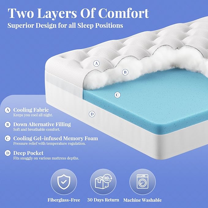 OhGeni Cooling 4 inch Dual Layer Twin XL Mattress Topper for College Dorm Room Essentials, 2 inch Gel Memory Foam, 2 inch Down Alternative Pillow Top Pad, Mattresses Cover for Bed, 6”-19” Deep Pocket