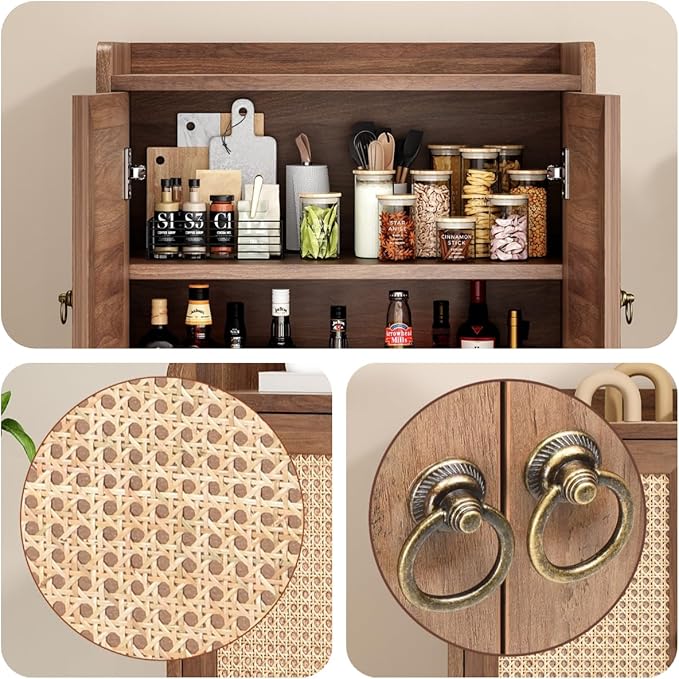 Buffet Cabinet, Rattan Storage Cabinet with Round Pull Rings, Sideboard with Ample Storage, Bar Liquor Shelf with 2 Doors for Living Room, Hallway, Light Brown