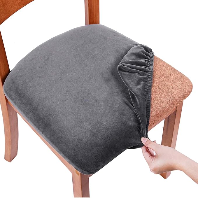Smiry Velvet Seat Covers for Dining Room Chair Set of 2, Stretch Fit Removable Washable Chair Seat Cushion Protector Slipcovers with Ties, Dark Grey
