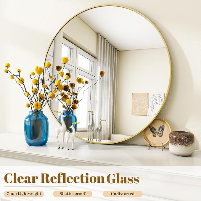 Gold Round Bathroom Mirror, 48 inch Large Circle Wall Mounted Hanging Mirror with Simple Modern Circular Metal Frame for Hallway, Entryway, Living Room, Gold Frame