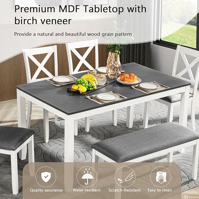 soges 6-Piece Kitchen Dining Table Set with Bench, Wood Dining Table Set for 6, Modern 6-Person Table Set for Dining Room, Kitchen, Grey & White