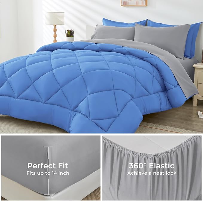 HEVUMYI Royal Blue & Light Grey King Comforter Set - 7-Piece All Season Bed in a Bag King, Ultra Soft Bedding Set with Comforter, Flat Sheet, Fitted Sheet, Pillowcases, Pillow Shams, Royal Blue