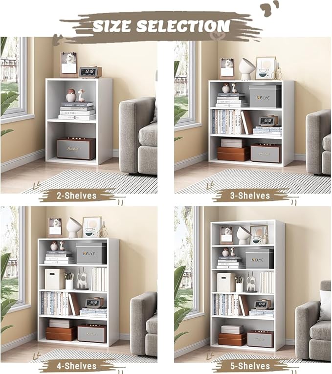 Basic Open Shelf Bookcase - 4-Tier Wooden Cube Storage Shelves Split Bookshelf, White