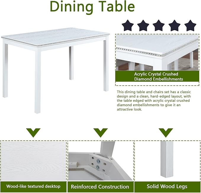 Ball & Cast 5 Piece Dining Table Set,Kitchen Table Set for 4 W/ 45.5" Rectangular Wooden Dining Table,Living Room Furniture W/ 4 Upholstered Chairs,for Dining Room,Kitchen,White
