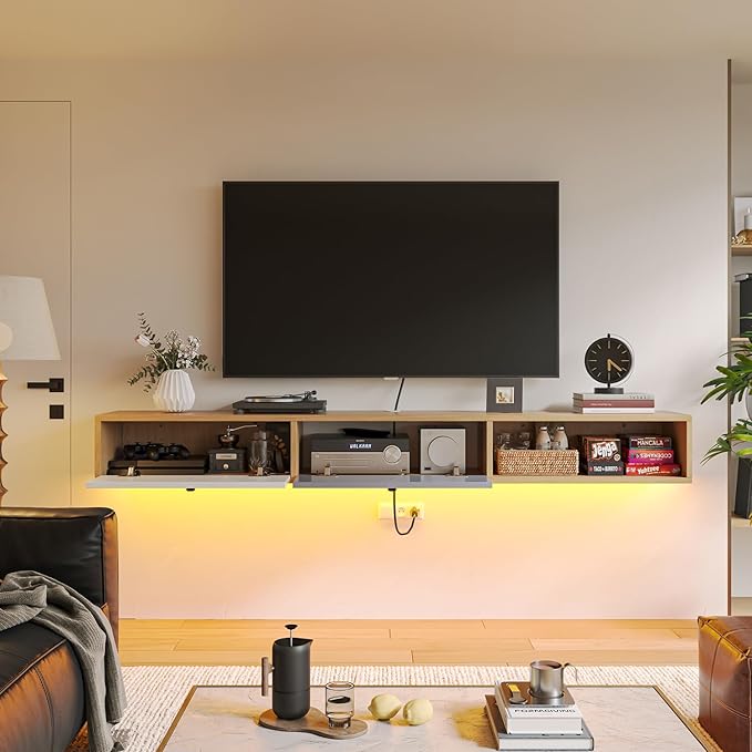 Modern Floating TV Stand with Doors, 70 Inch Wall Mounted TV Console,Floating Media Console Cabinet Under TV Shelf for Living Room Bedroom,Natural