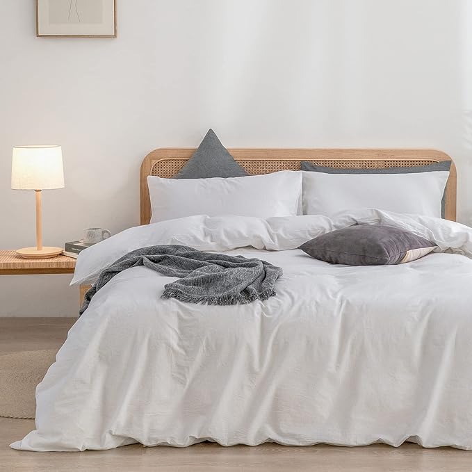 BESTOUCH Duvet Cover Set 100% Washed Cotton Linen Feel Super Soft Comfortable Chic Lightweight 3 PCs Home Bedding Set Solid Bright White King