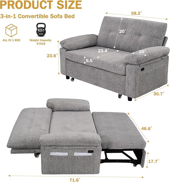 Vipbear 58" Convertible Sofa Bed, 3-in-1 Pull Out Sleeper Sofa with USB Ports & Adjustable Backrest, Loveseat with Side Pocket for Living Room, Apartment, Tool-Free Assembly, Chenile Light Grey