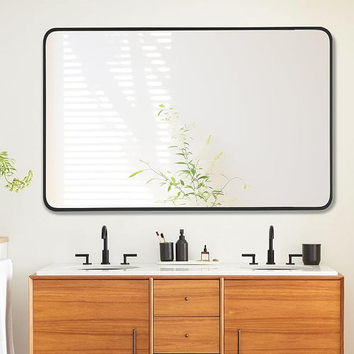 27x40 Inch Rectangle Bathroom Mirror with Black Metal Frame, Rounded Corner Rectangular Vanity Mirror for Wall, Modern Large for Bedroom, Living Room, Horizontal or Vertical