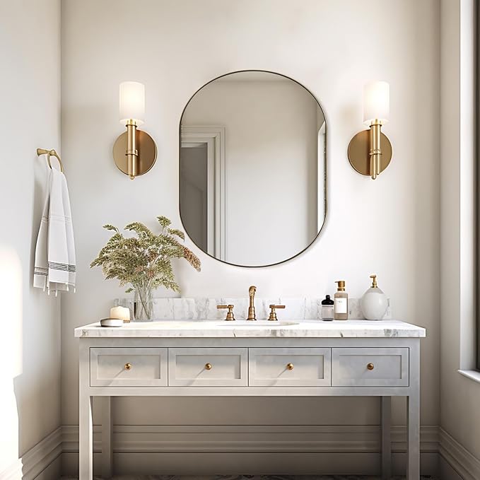 ANDY STAR Brass Bathroom Mirror for Wall, 30x40 Gold Oval Mirrors for Bathroom, Brass Oval Mirrors, Pill Shaped Mirror, Large Vantiy Mirror Stainless Steel 1’’ Deep Hang Vertically & Horizontally