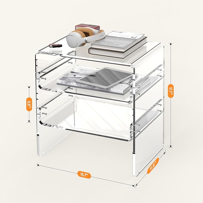 Acrylic 2-Tier Side Table with Storage Mini Modern End Table/Nightstand with Double Shelves for Bedroom, Living Room, and Bathroom Easy Assembly Clear