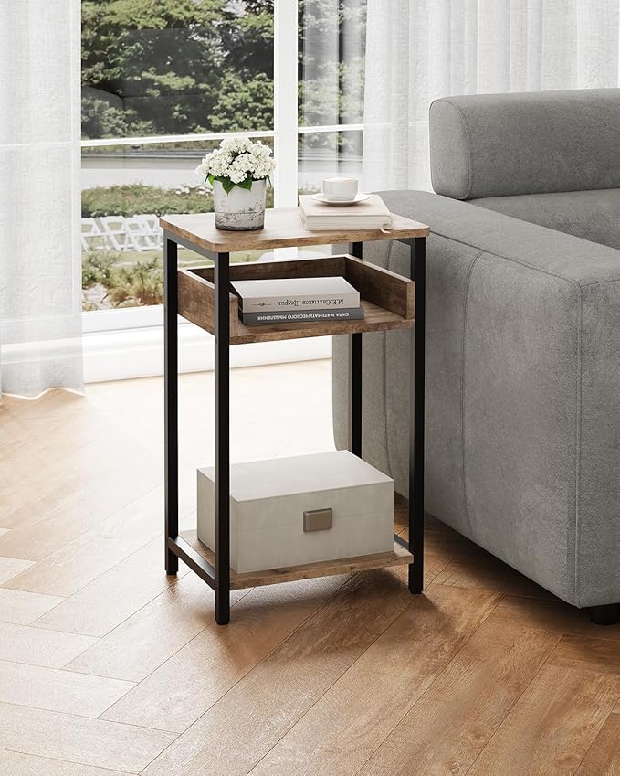 Side Table, 25 inch High End Table, Small Bedside Table for Living Room, Bedroom and Office, Greige & Black