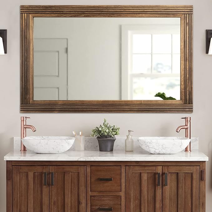 YOSHOOT Hand-Made Wooden Spliced Wall Mirror for Bathroom, Rustic Farmhouse Vanity Mirror, Décor Wall Art, Solid Wood Frame, Vertical or Horizontal Hanging, 72" x 36", Brown