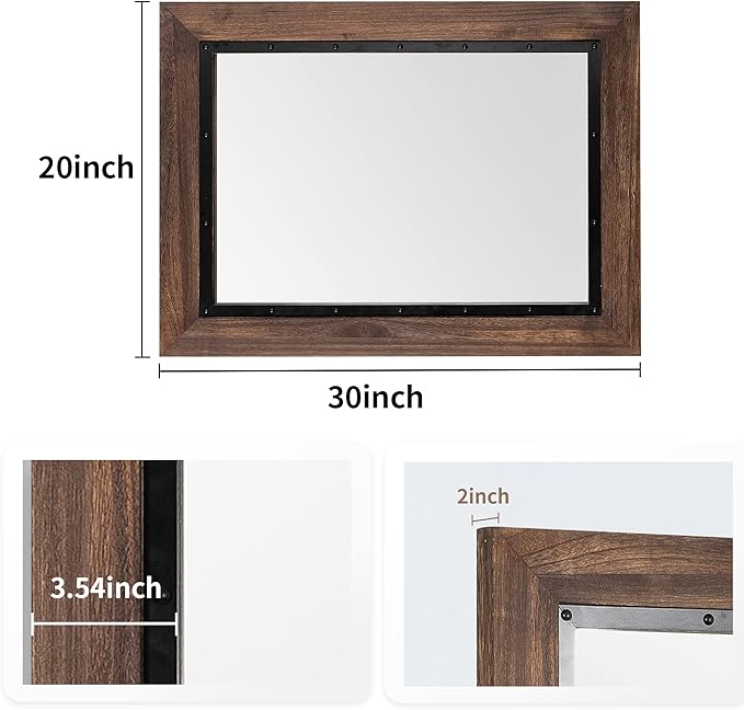 YOSHOOT Rustic Wooden Framed Wall Mirror, 30"x20", Natural Wood and Iron Bathroom Vanity Mirror for Farmhouse Decor, Vertical or Horizontal Hanging