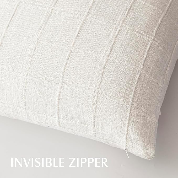 Foindtower Set of 2 Decorative Linen Check Throw Pillow Covers Neutral Farmhouse Lumbar Cushion Covers Modern Boho Home Decor for Sofa Chair Couch Bedroom Living Room Outdoor,12×20 Inch,Cream White