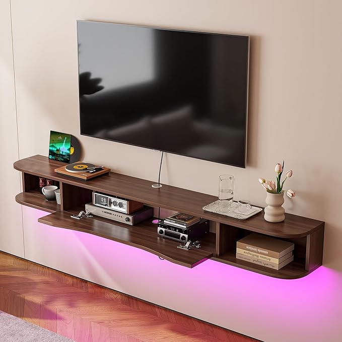 Floating TV Stand,78'' Wall Mounted TV Cabinet,Floating TV Console,Under TV Shelf with 1 Door and 2 Cabinets for TVs up to 78''(Walnut)