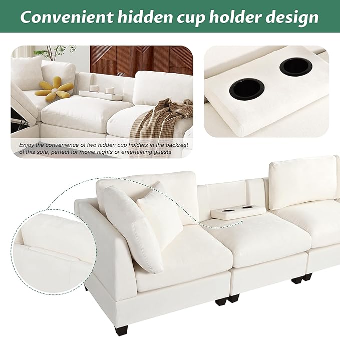127.6 Inch 5-Seat Modular Convertible Sectional Sofa with Removable Storage Ottoman and 2 Hidden Cupholder, L-Shaped Upholstery Corner Couch for Living Room Apartment Office, Beige