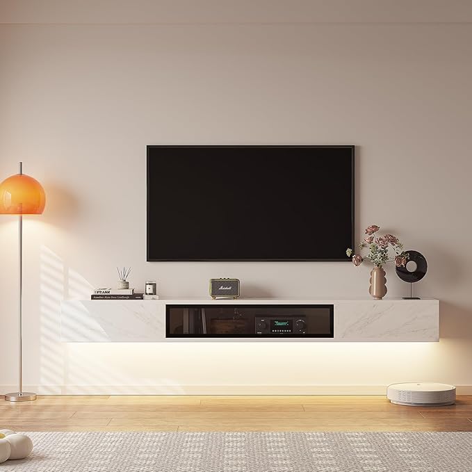 High Gloss Floating TV Stand,55'' Wall Mounted TV Console,Under TV Floating Shelf,Floating TV Cabinet with 3 Doors for Bedroom Living Room,White