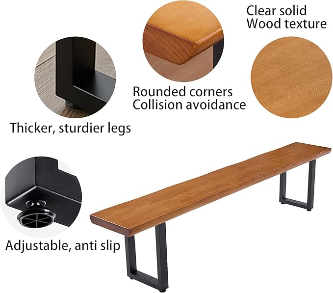 Durable Solid Wood Top Bench with Sturdy Metal Legs – Versatile Dining & Office Seating - Multi-Size Options Ideal for Living Room, Dining Room, and Home Office(Dark yellowbench, 70.87in)