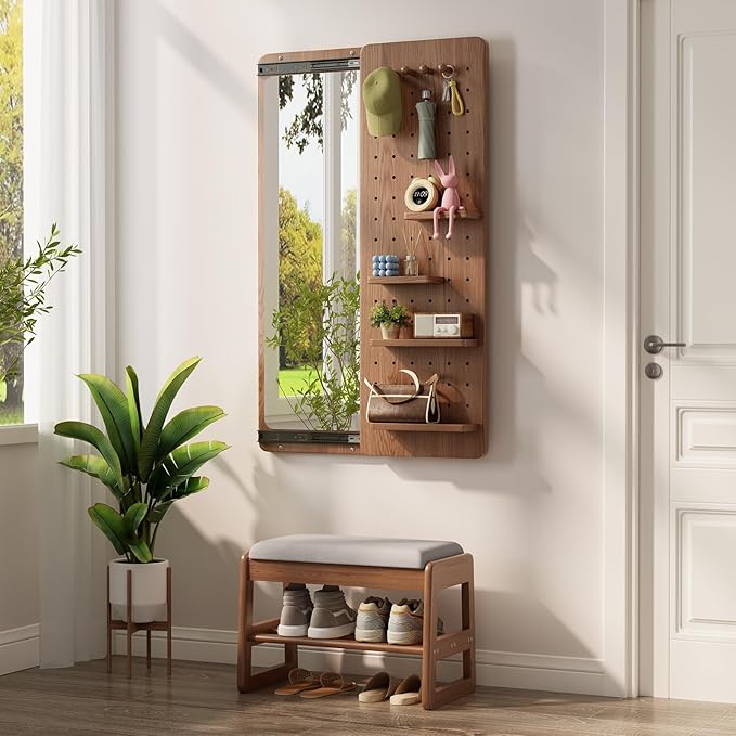 KungFuWood Full Length Mirror with Shelf and Hooks,Entry Way Mirrors for Wall,Wall Mirror with Shelf,Wall Mirror with Storage Multifunctional Design Panel,Living Room