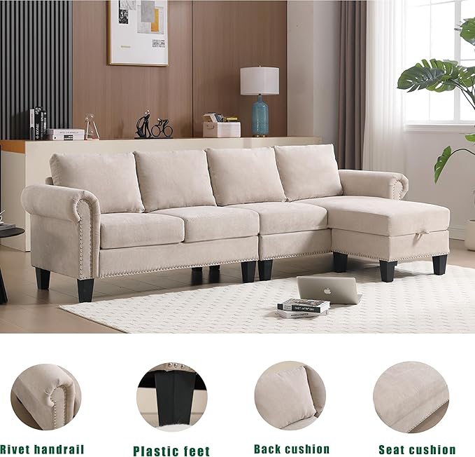 Ball & Cast 106" Convertible Sectional Sofa with Storage Chaise, Linen Upholstered 4 Seater Couch with Back Cushions and Removable Ottoman for Living Room, Apartment, Office,Beige