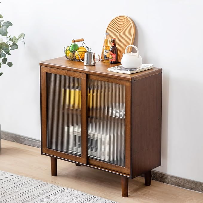 Tiita Bamboo Sideboard Buffet Cabinet, Rattan Kitchen Storage Cabinet, Boho Coffee Bar Tables for Kitchen Living Room Hallway Office, Walnut