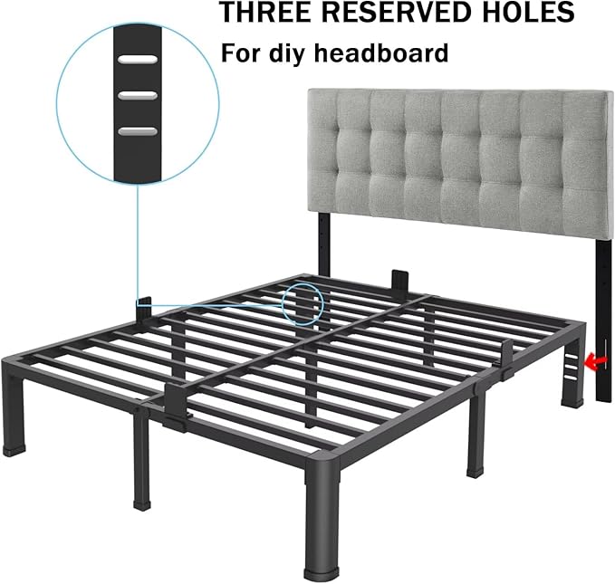 FUIOBYVV 18 Inch Full Bed Frame with Rounded Corner and Headboard Hole Mattress Retainers 3500 LBS Metal Heavy Duty Steel Slats Support No Box Spring Needed Platform Noise Free Easy Assembly