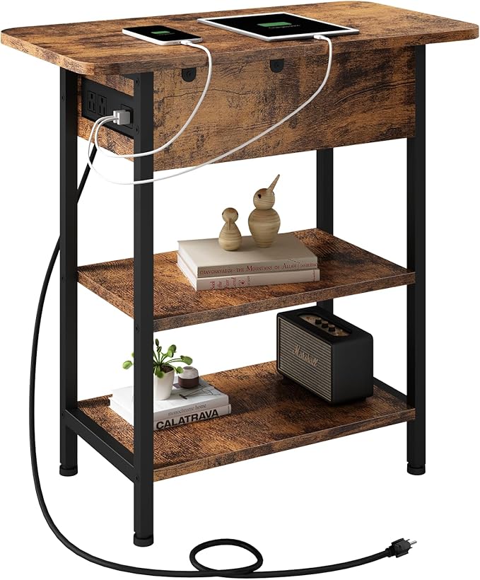 LIDYUK End Table with Charging Station, Flip Top Side Table with USB Ports and Outlets, Nightstand for Small Spaces, Bedside Tables with Storage Shelf for Living Room, Bedroom, Brown