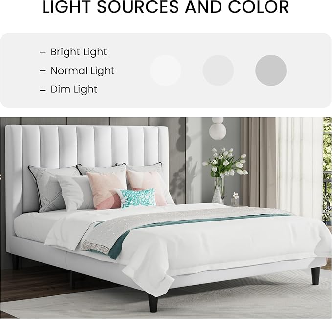 SHA CERLIN King Bed Frame/Velvet Upholstered Platform Bed Frame with Headboard/Strong Wood Slats Support/Mattress Foundation/No Box Spring Needed/Easy Assembly/White