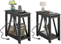 WLIVE End Tables Living Room Set of 2 with Charging Station, Sofa Side Tables with Open Storage Shelf, Slim Farmhouse End Table Sets, Charcoal Black