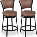 Bar Stools, Counter Height Barstools Set of 2, 25" Faux Leather Metal Round Swivel Bar Chairs with Back, Modern Upholstered Counter Stools for Kitchen Island, Brown