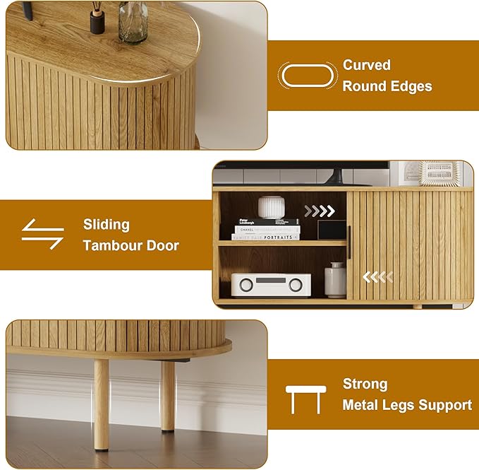GarveeHome 70.1" TV Stand, Modern TV Console Table with Storage Compartment and Sliding Door, Gaming Entertainment Center with Cabinet for Living Room, Bedroom, Office, Oak