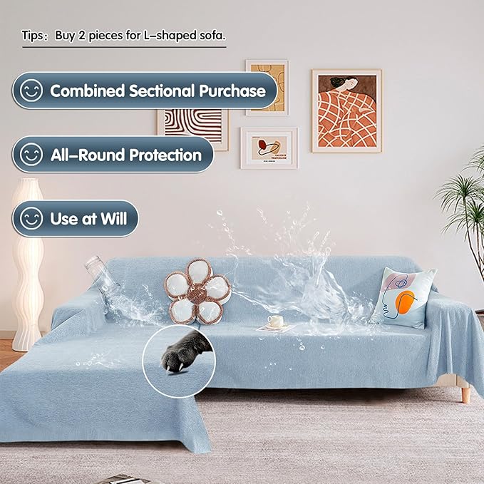STACYPIK Waterproof Couch Cover Sky Blue Sectional Sofa Cover Cat Dog Anti Scratch Couch Cover Non-Slip Furniture Protector for 3 Cushion Couch Pet Couch Protector Cover Washable Pet Bed Mat-71X134IN