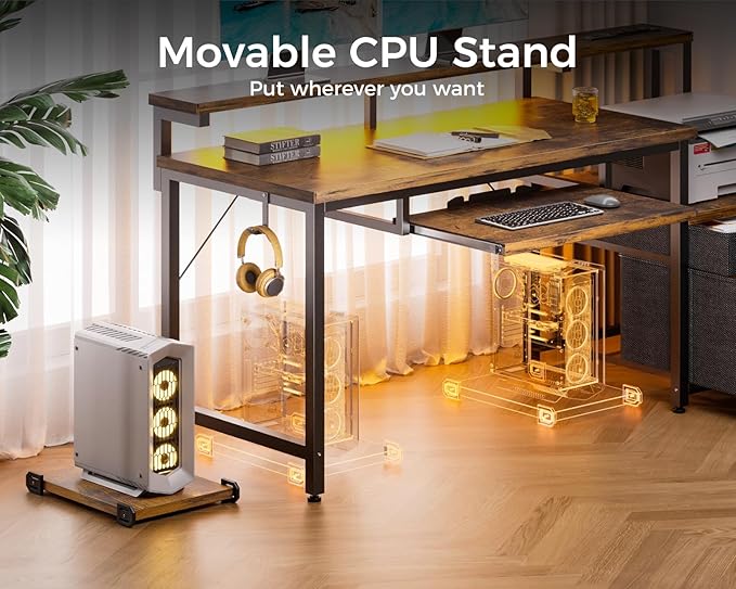 AODK Computer Desk with Drawers and Keyboard Tray, 48" Office Desk with Power Outlet and LED Lights, Reversible Study Work Desk with Printer Shelf and PC Stand for Home Office, Vintage