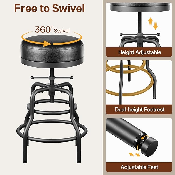 Adjustable Height Swivel Bar Stool, 22-29 Inch Industrial Vintage Bar Counter Height Stool with Thicken Premium Bonded Leather Seat & Updated Footrest, Easy Assembly, Black